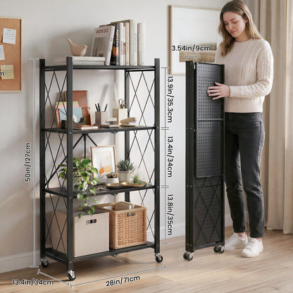 DEANIC 4 Tier Foldable Storage Shelves with Wheels, Large Capacity Shelving Unit, Freestanding Metal Wire Shelf Rack, No Assembly Organizer Rack for Garage Kitchen, Basement, Pantry(Black Pack of 2)
