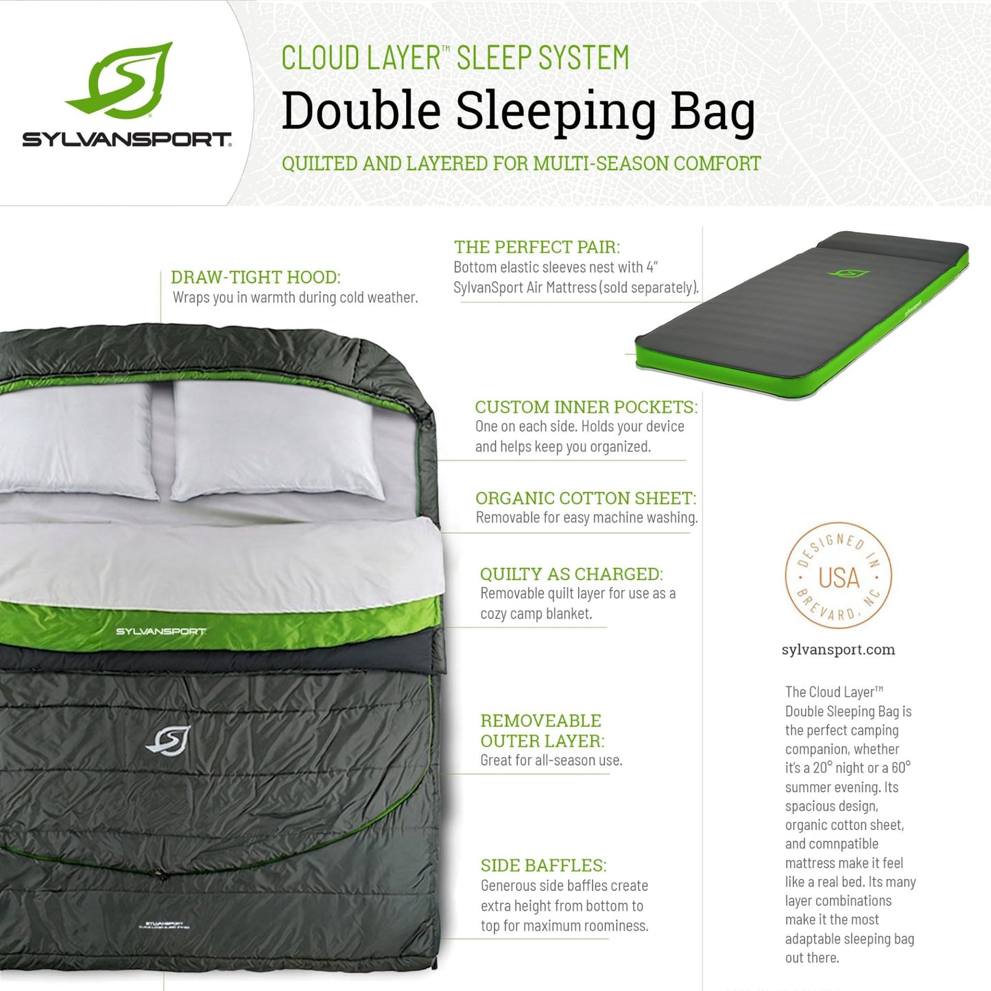 SylvanSport Cloud Layer Sleeping Bag for Adults - Adjustable Layers for 3-4 Season use - Integrated Cotton Sheet