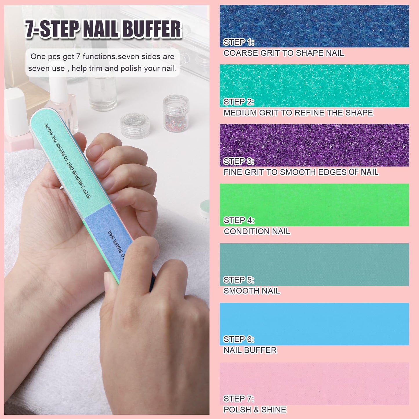 FANDAMEI Nail Files and Buffers, 20PCS Nail File Kit. Rectangular Nail Buffer Block & 100/180 Grit 7 Way Nail File & Polishing Buffer. Nail Prep Kit. Professional Manicure Nail Tools
