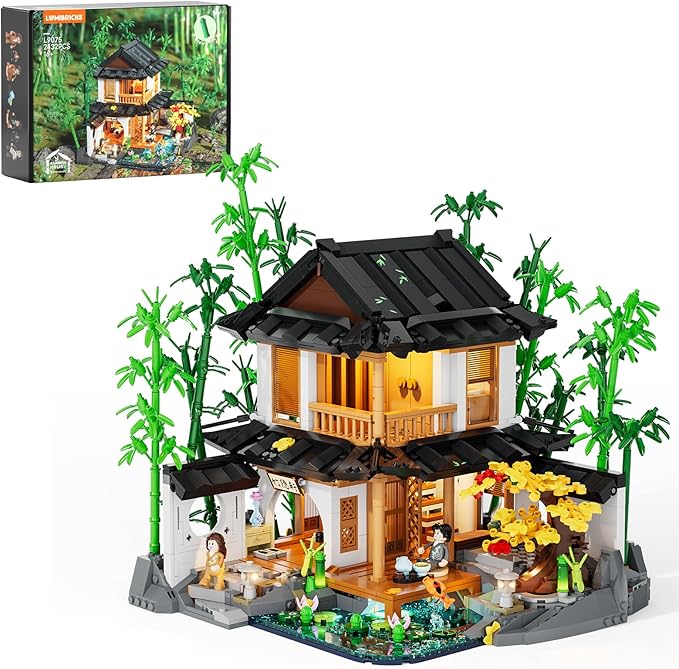 Bamboo-House Lighting Building-Bricks Set - Retro Chinese Bamboo Cabin and Treehouse Collection LED Light Set 2432 Pcs for Adults and Retro House Building Collectors