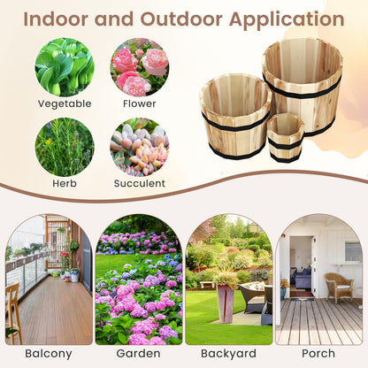 HAPPYGRILL Wooden Plant Pots, 3 Solid Acacia Wood Whiskey Barrel Planters w/Drainage Holes for Flower Herb Shrub, Multi Sizes Indoor Outdoor Patio Planting Flower Pots Home Decoration