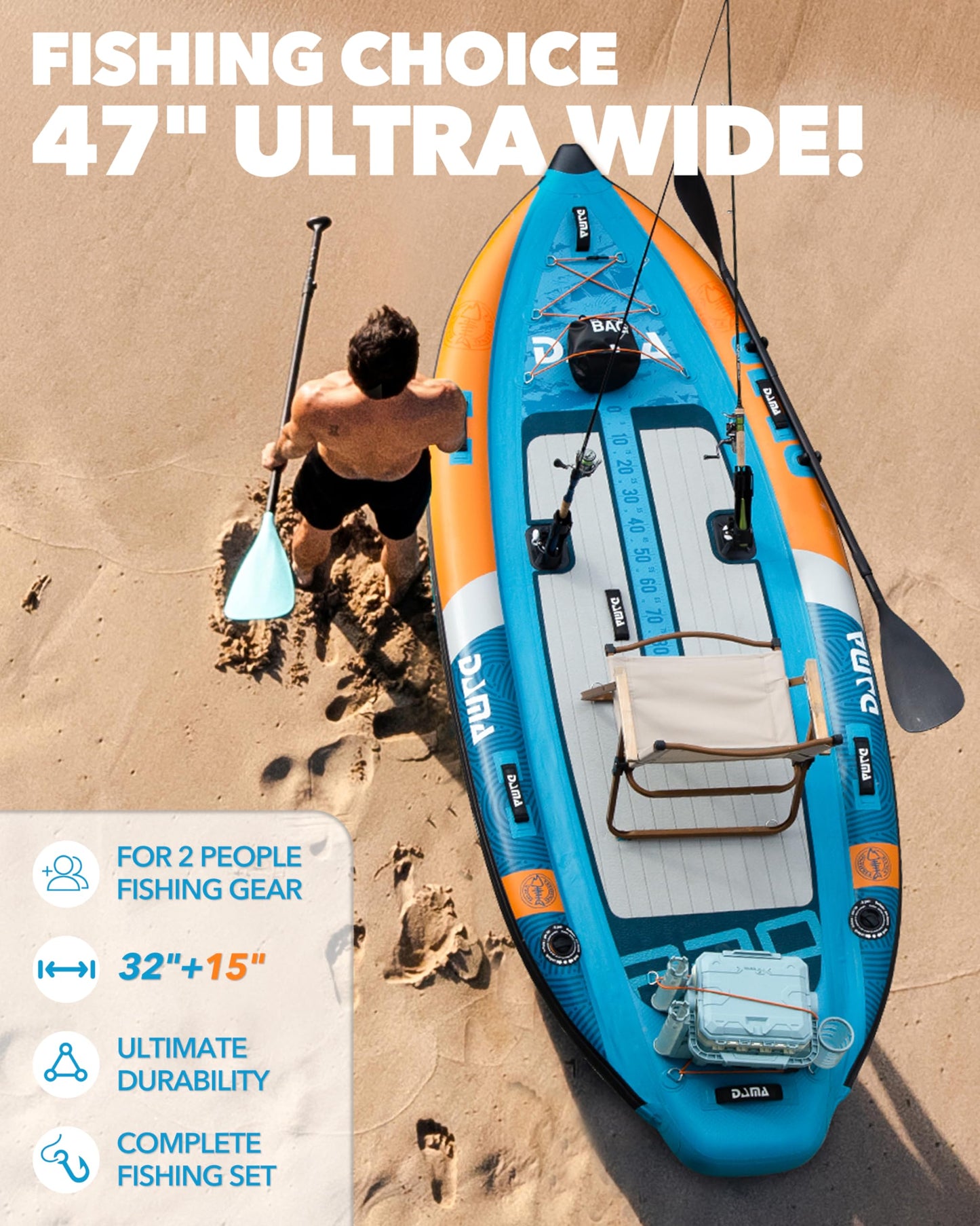 DAMA Triple Chamber Inflatable Stand Up Paddle Board 10'8"*47", Extra Wide Paddle Boards for Adults, Fishing Paddle Board SUP with 3 Removable Fins, 2 Fishing Rod Holders, Kayak Paddle