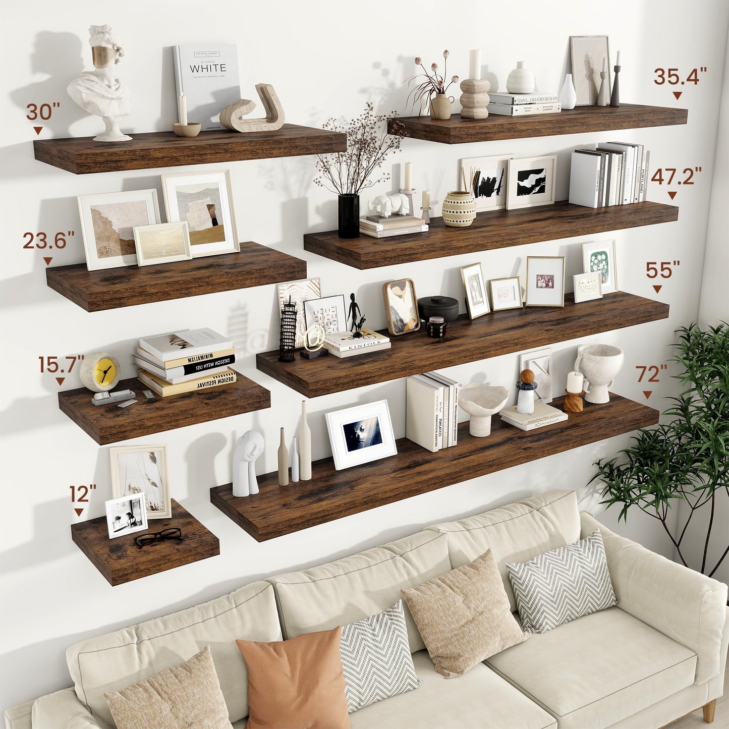 Vivelove 12" Deep Floating Shelves for Wall 36" Long, Wall Shelves for Bedroom Living Room Bathroom Kitchen Laundry Room, Farmhouse Rustic Shelves for Home Decor, 36" X 12" X 2" Set Of 2, Rustic Brown