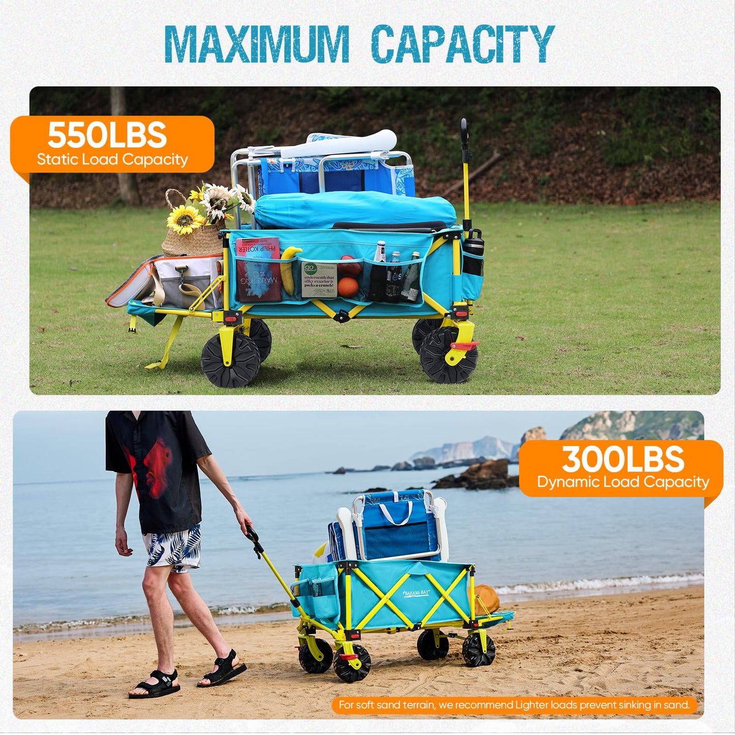 Old Bahama Bay 300lbs Extra Long 49" L Beach Wagon with Big Wheels with Brake for Sand, Collapsible Utility Beach Cart Heavy Duty Folding Wagon,Ideal for Outdoor Sand Camping Garden Pet
