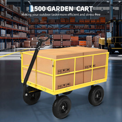 Heavy Duty 1500 Lbs Steel Garden Cart – 3-in-1 Utility Wagon & Trailer with Removable Mesh Sides, 13" All-Terrain Tires, 180° Rotating Handle for Lawn, Yard, Gardening Tasks, Outdoor Hauling