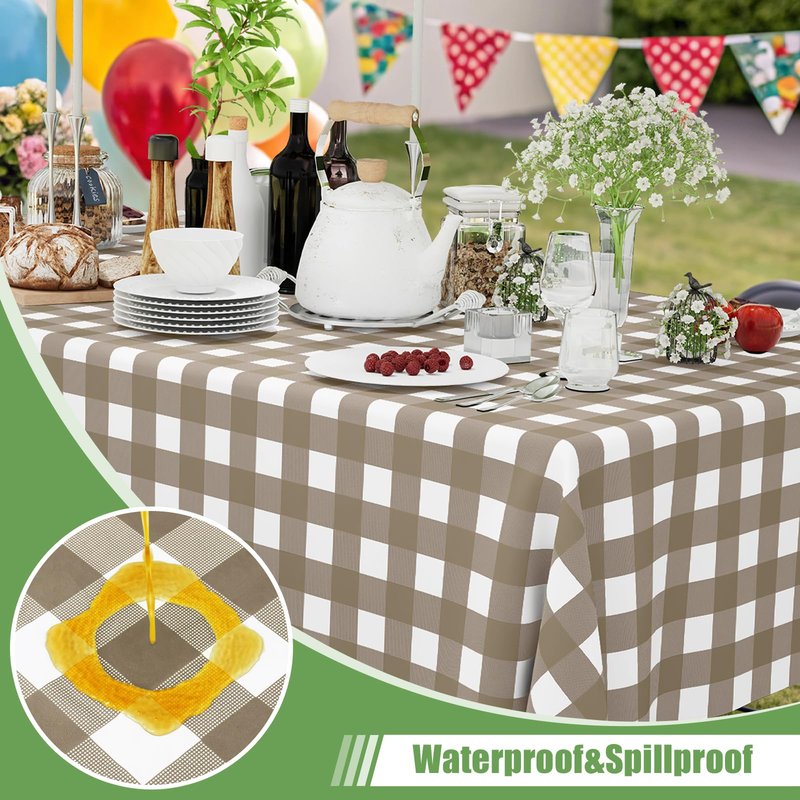 Smiry 3 Pack Khaki Gingham Disposable Tablecloths - 54" x 108" Heavy Duty Plastic Table Cloth, Waterproof Buffalo Plaid Table Covers for Picnic, Banquets, Outdoor Parties
