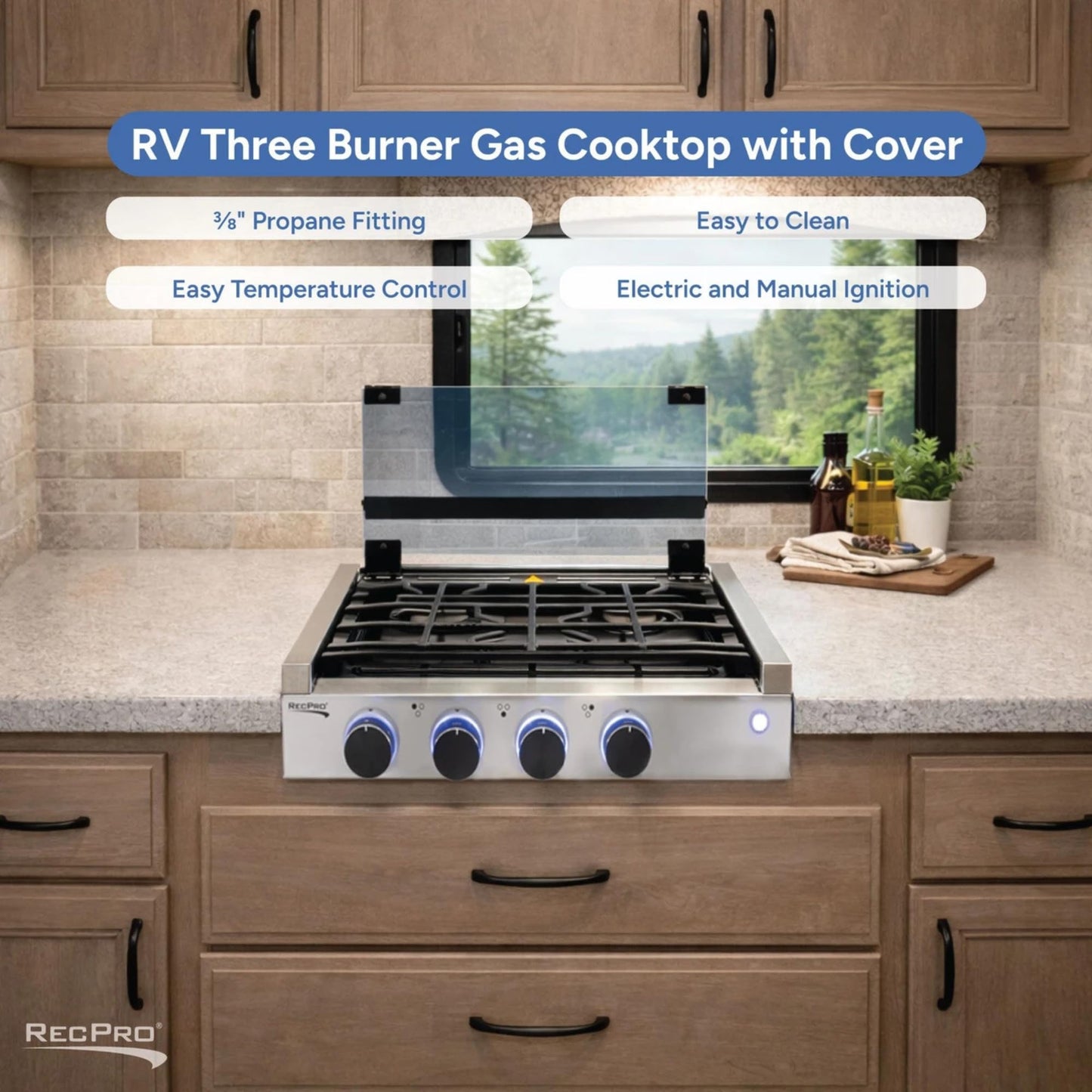 RecPro RV Built In Gas Cooktop | 2 Burner or 3 Burner | RV Cooktop Stove | 6,500 and 8,000 BTU Burners | Cover Included (Stainless Steel, 3-Burner)