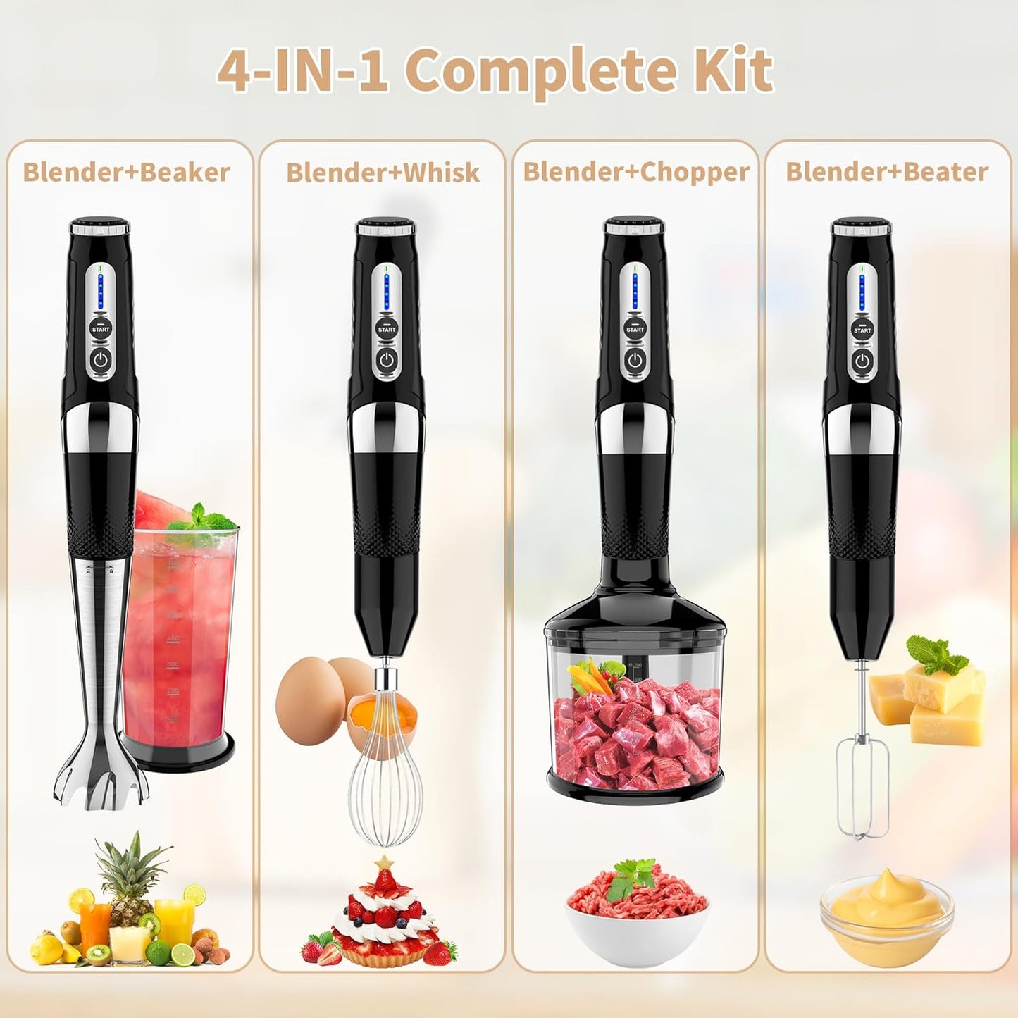 Toogel Cordless Immersion Blender - 4-in-1 Electric Hand Blender with 21-Speed & USB Rechargeable | BPA-Free & Dishwasher Safe (Black)