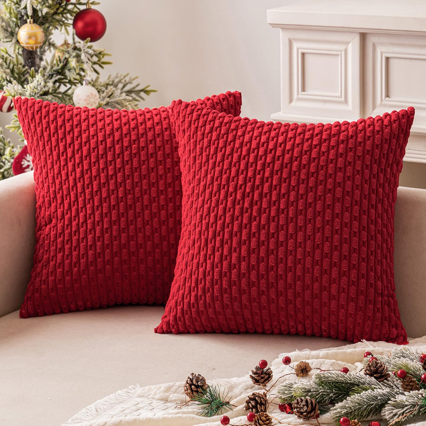 MIULEE Pack of 2 Decorative Throw Pillow Covers 18x18 Inch Soft Boho Striped Textured Corduroy Pillow Covers Modern Farmhouse Home Decor for Couch Bed Sofa Living Room Cream White