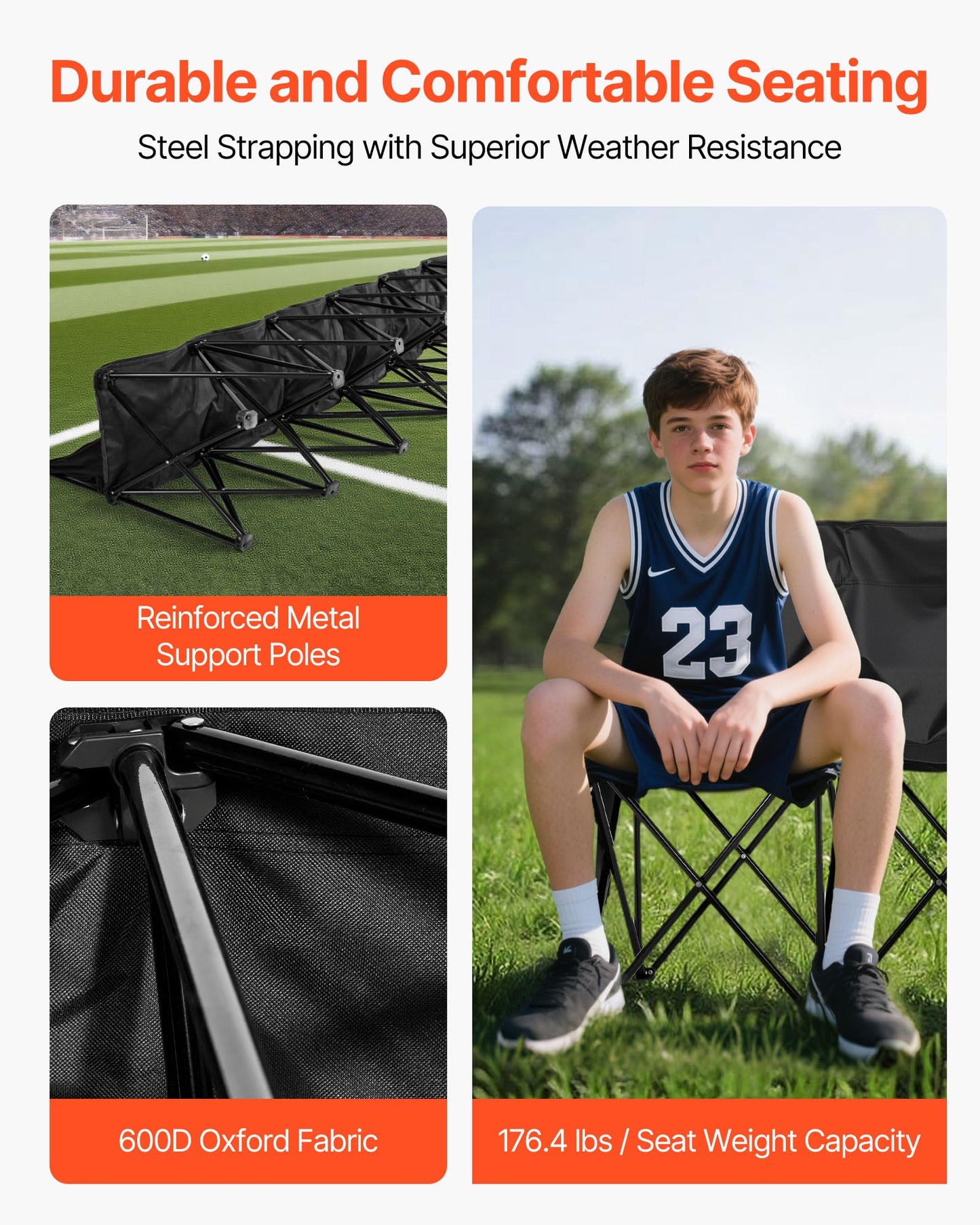 VEVOR Portable Folding Bench, 6 Seat Soccer Bench with Multiple Storage Pockets & Carrying Bag, Lightweight Sideline Seating with Back Rest for Football, Baseball, Camping, Outdoor Events, Black