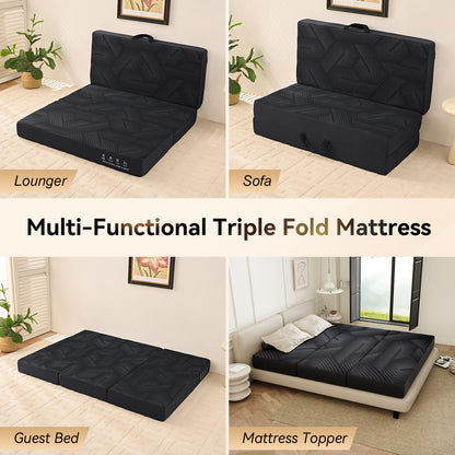 Housiney Memory Foam Foldable Mattress, 4 Inch Trifold Mattresses Full, Mattress Topper, Washable Cover, Handles, Non-Slip Bottom for Guest Bed, Yoga and Camping Mat, 73"x 52" x 4", Black