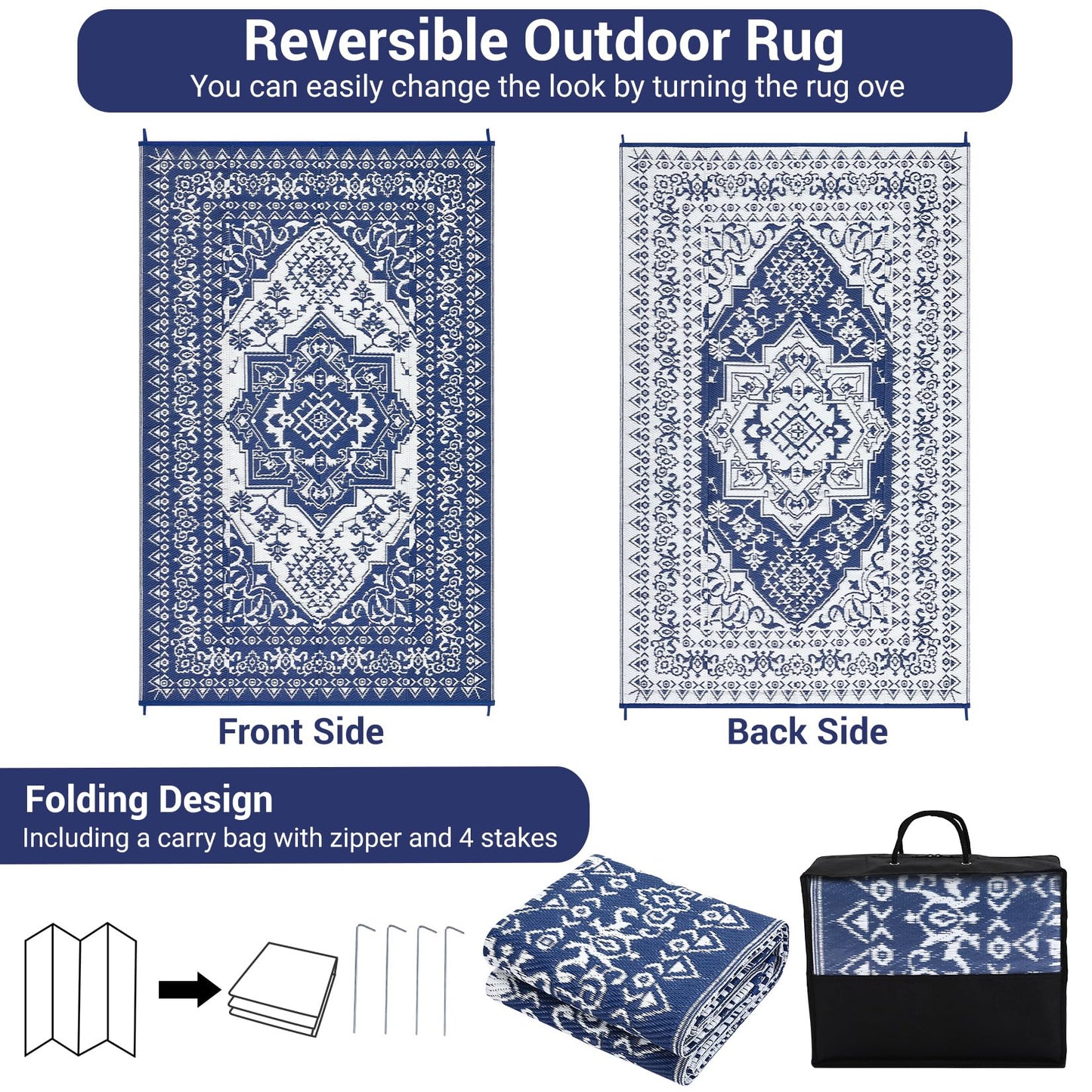 GarveeHome Large Outdoor Rug 9x18 Waterproof Reversible Mat Palm Retro Oriental Camping Rugs Indoor Outdoor Rugs Carpet Plastic Straw Rug for Patio Deck Balcony Pool RV Camping, Dark Blue and White