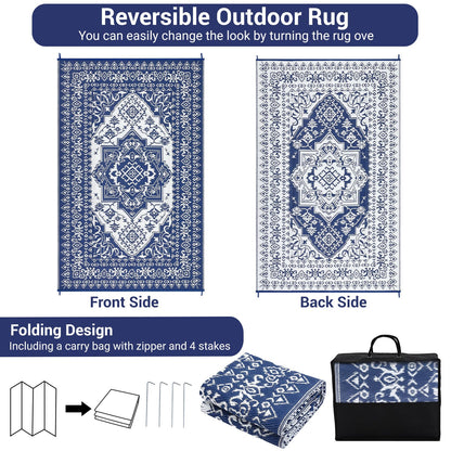 GarveeHome Large Outdoor Rug 9x18 Waterproof Reversible Mat Palm Retro Oriental Camping Rugs Indoor Outdoor Rugs Carpet Plastic Straw Rug for Patio Deck Balcony Pool RV Camping, Dark Blue and White