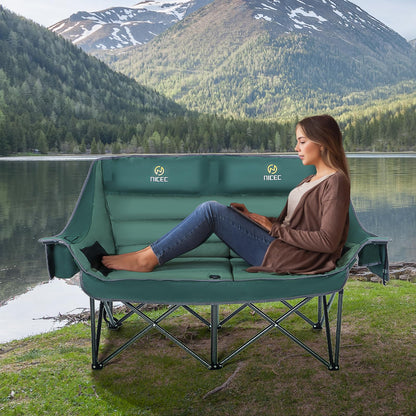 Nice C Double Padded Camping Chair, Oversized Loveseat Camping Chair, Outdoor Camping Couch for Adults, Folding Bench, Lawn Chairs, Extra Padded, with Cup Holder, Cooler Bag, Bottle Opener (Green)