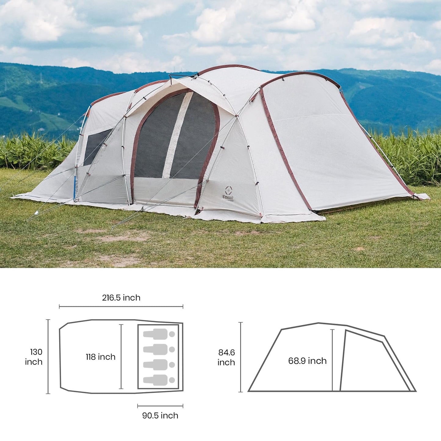 S'more Maroom & A Base Glamping Family Tent, Setup Tent with Screen Room