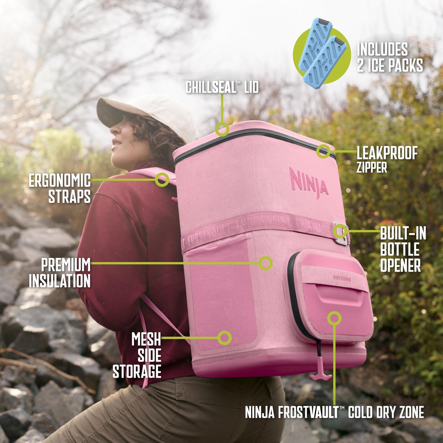 Ninja FrostVault Go Backpack Soft Cooler with Cold Dry Zone Storage, Ergonomic Backpack Straps for Lightweight Carrying, Premium Heavy Duty Insulated Cooler, Keeps Ice for Hours, Petal Pink, FF136PK