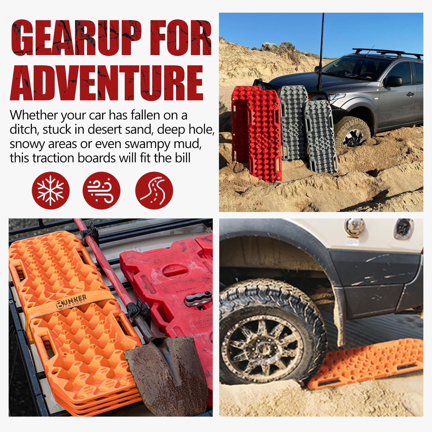 BUNKER INDUST Gen 7th Traction Board with Jack Base Orange + 3" x 20ft Tow Strap with Bag Recovery Kit