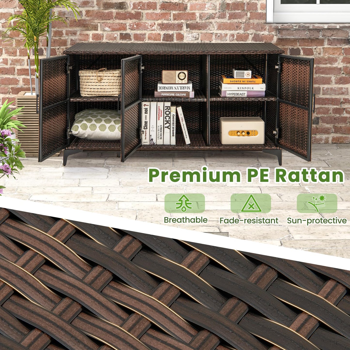 Giantex 84-Gallon Wicker Deck Box - Patio Storage Cabinet, 3-Door PE Rattan Storage Container with Removable Shelves, Indoor & Outdoor Package Box for Porch, Patio Furniture Cushions Tools (Brown)