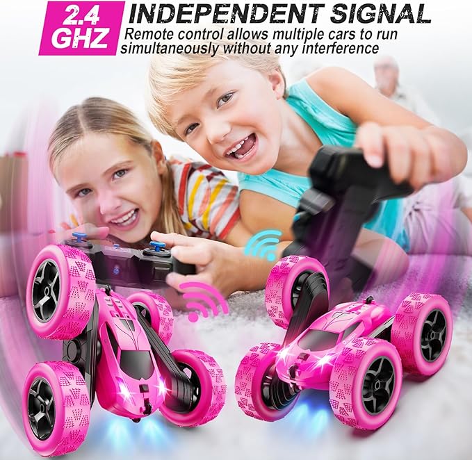 RC Cars Rose Remote Control Car for Girls 2.4 GHZ Double Sided RC Stunt Car 360° Rotating Remote Control Crawler with Headlights Car Toys for 6 7 8 9 10 11 12 Girls Birthday Gift
