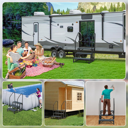 Rv Steps with Handrail 3 Step,Hot Tub Steps with Anti-Slip Mats,Heavy Duty Metal Mobile Home Stairs,Camper Steps for Travel Trailer,Portable Step Ladder for Spa,Pool and Porch