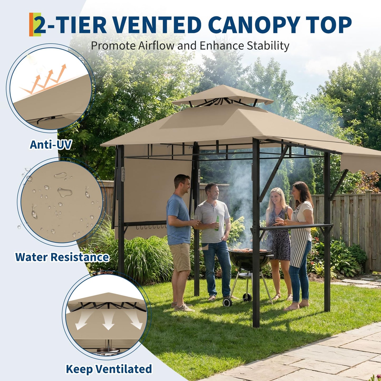 COZONY Double-Tier Grill Gazebo 13x4 ft – Heavy-Duty Steel Frame, Dual Side Awnings, Weather-Resistant Canopy, Shelves, LED Lights, Hooks, Bottle Opener – Outdoor BBQ Pavilion for Patio, Garden