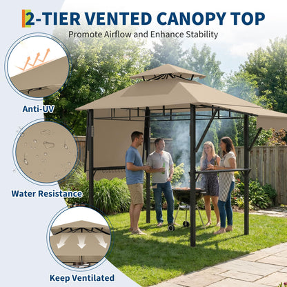 COZONY Double-Tier Grill Gazebo 13x4 ft – Heavy-Duty Steel Frame, Dual Side Awnings, Weather-Resistant Canopy, Shelves, LED Lights, Hooks, Bottle Opener – Outdoor BBQ Pavilion for Patio, Garden