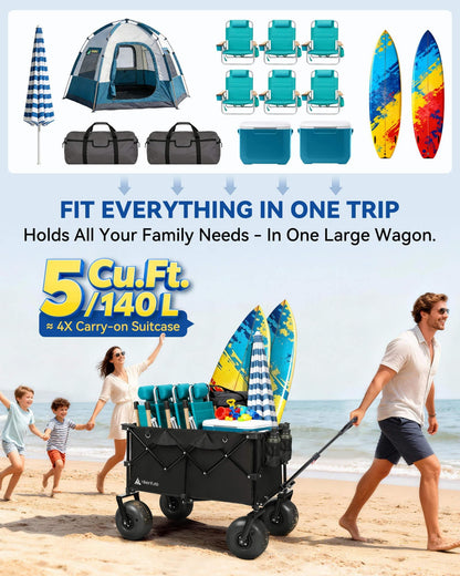 Hikenture Beach Wagon with Balloon Wheels, 9" PU Tires Collapsible Wagon, 440lbs Heavy Duty Beach Cart with Big Wheels for Sand, Large Capacity Utility Wagons Carts Foldable