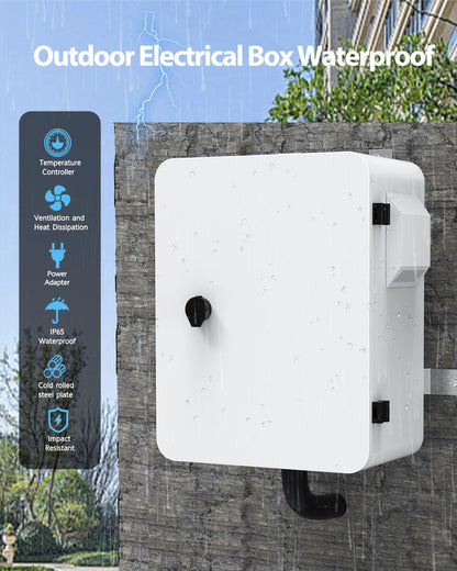 Akwscyby Outdoor Electrical Box with Thermostat and Fan, Precise Temperature Control 0.1°F, IP65 Water Resistant Rating, Galvanized Steel, Aluminum Rear Beam(17.7" x 13.8" x 7.9")