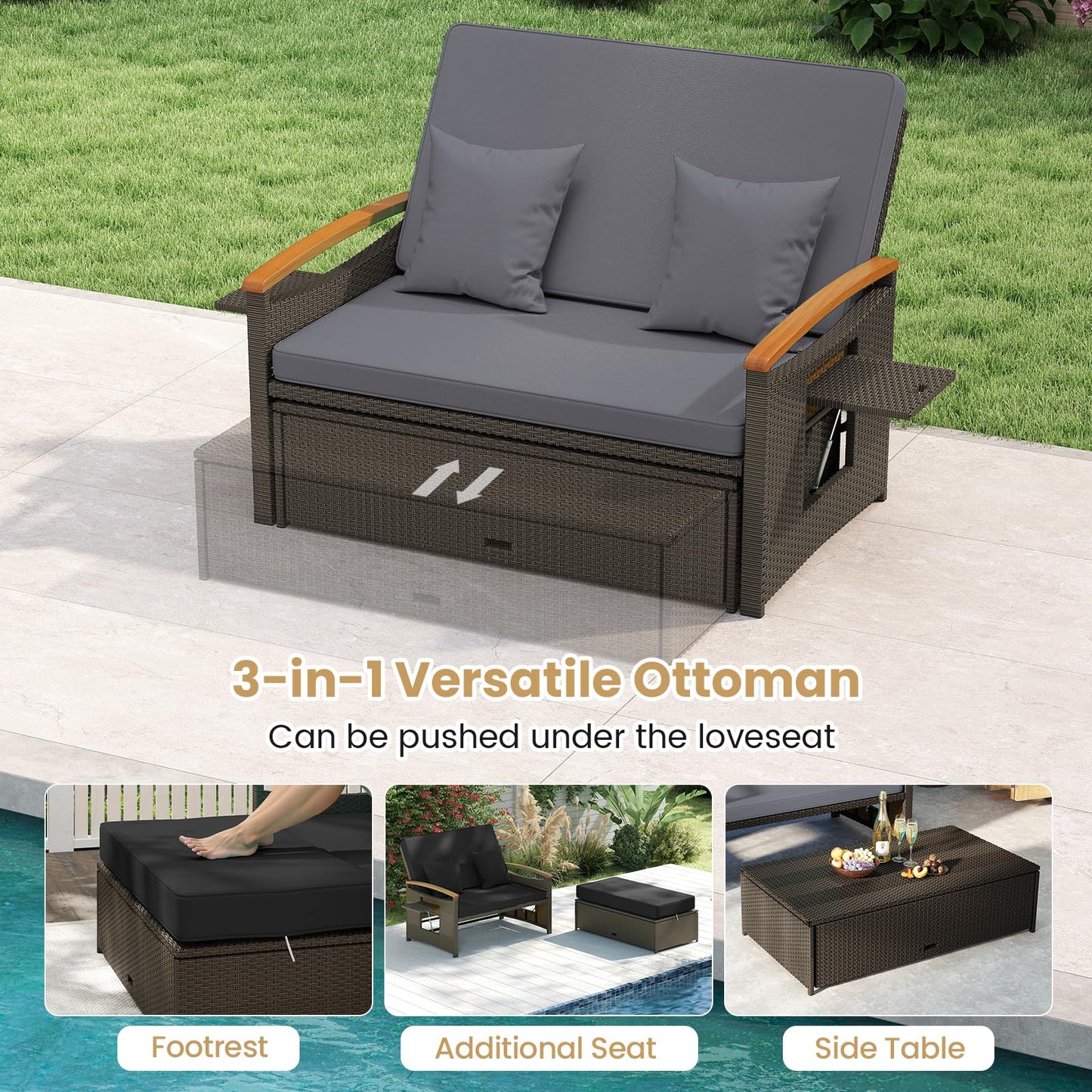 Tangkula Patio Rattan Daybed with 4-Level Adjustable Backrest, Outdoor Wicker Loveseat with Acacia Wood Armrest, Storage Ottoman & Folding Tray, Double Sunbed for Lawn Yard & Poolside, Grey & Brown