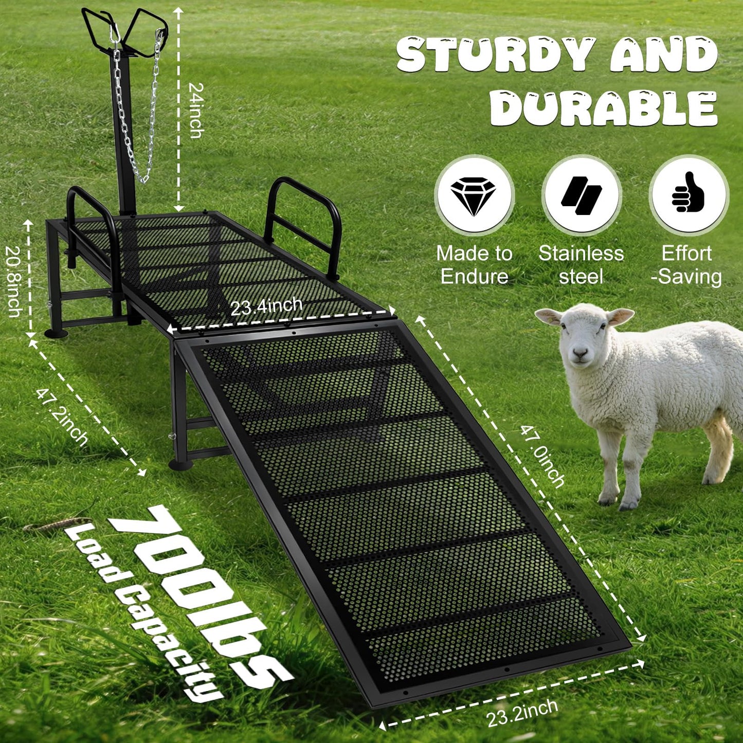 47"L Heavy Duty Goat Milking Stand with Detachable Ramp, 700lbs Capacity Sheep Trimming Station, Professional Livestock Grooming Platform with 4-Level Adjustable Headlock for Hoof Care