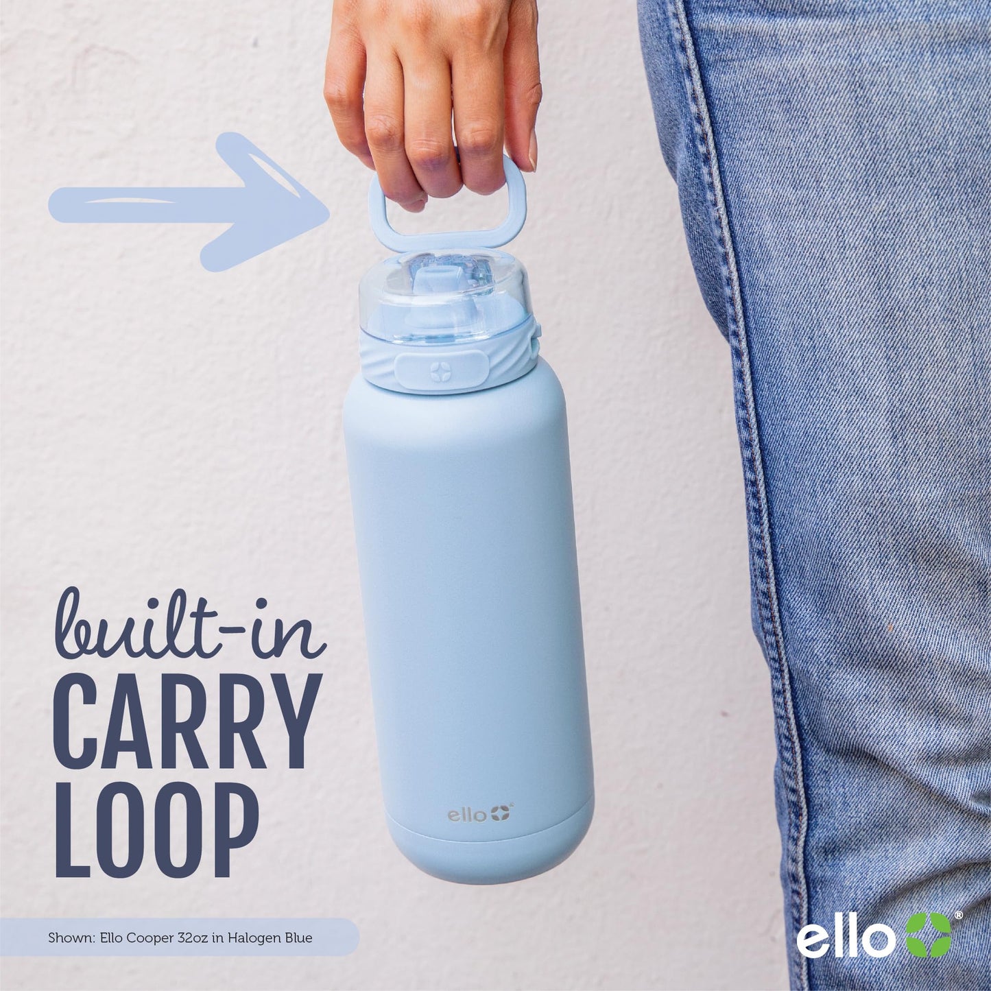 Ello Cooper 32oz Stainless Steel Water Bottle with Straw and Carry Handle, Double Walled and Vacuum Insulated Metal, Leak Proof Locking Lid with Soft Silicone Spout, Reusbale, BPA Free, Halogen Blue
