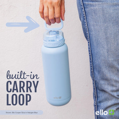Ello Cooper 32oz Stainless Steel Water Bottle with Straw and Carry Handle, Double Walled and Vacuum Insulated Metal, Leak Proof Locking Lid with Soft Silicone Spout, Reusbale, BPA Free, Halogen Blue