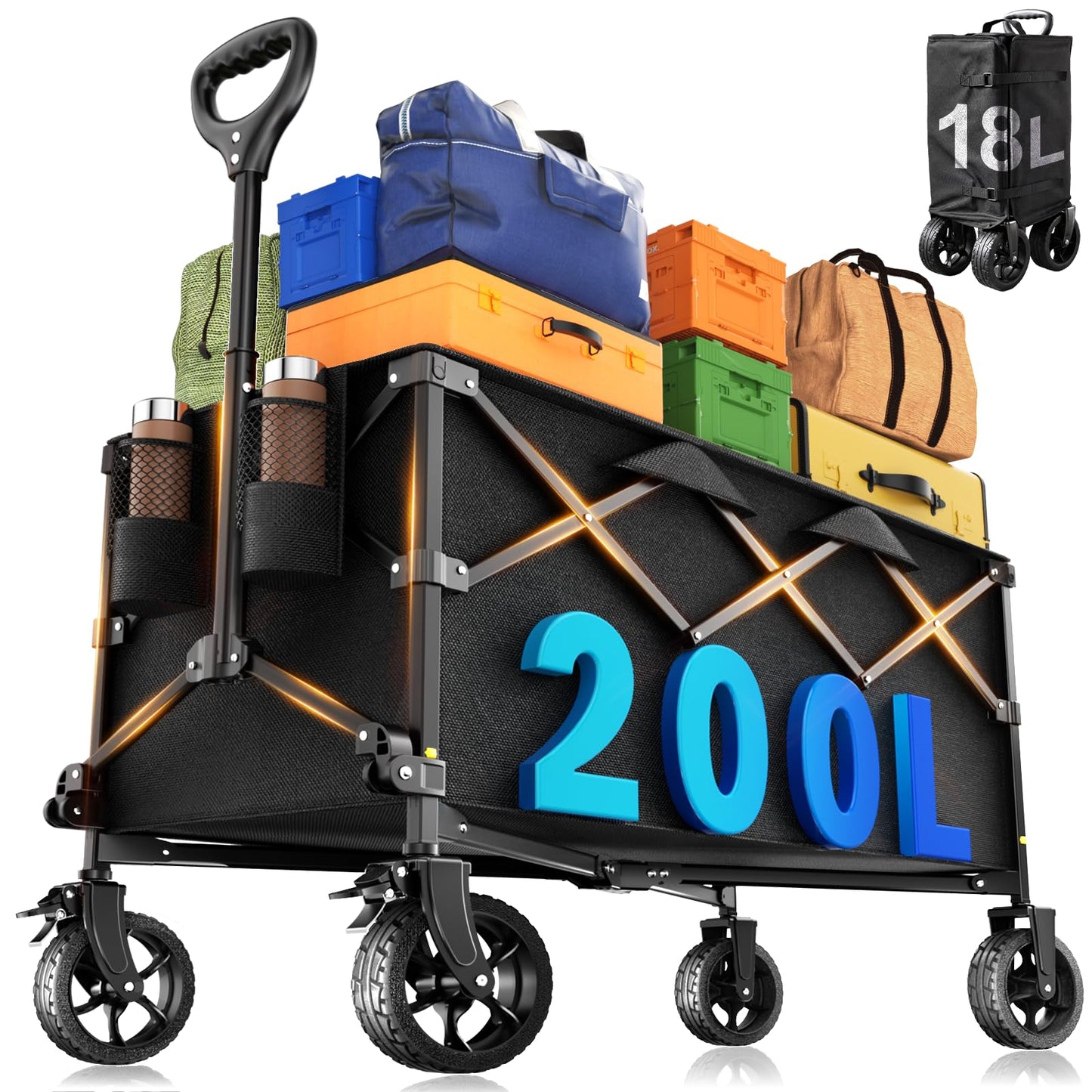 Heavy Duty Collapsible Wagon Cart, 200L Foldable Utility Wagon with All-Terrain Wheels and Brake, Adjustable Telescoping Handle, 550 lbs Capacity for Beach, Camping, Sports and Grocery Shopping