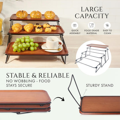 FINESSY 3 Tier Serving Tray, Dark Bamboo Tiered Tray Stand, Cake Stand & Cupcake Holder, Buffet Risers Serving Platters, Dessert Table Display Set, Charcuterie Board Set for Party Hosting Essentials
