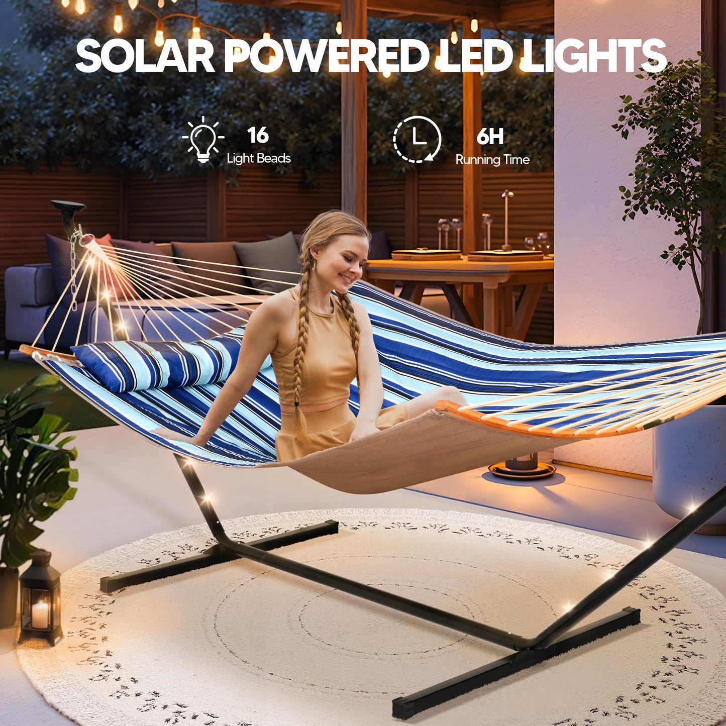 SUNCREAT Double Hammock with 12 ft Stand, Solar Powered Lights Included, Outdoor Hammock for Outside, Blue & White