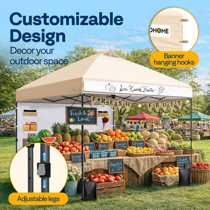 VIVOHOME 10x10ft Pop Up Canopy Tent with Sidewall and 6 Pockets, One Push Setup Outdoor Portable Shelter Tent Heavy Duty with Wheel Carry Bag and 4 Sandbags, Beige