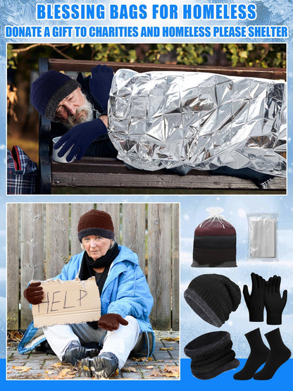 Shyyween 288 Pcs Homeless Care Package Supplies Winter Beanies Hats Neck Warmers Scarf Gloves Sock Emergency Blanket and Organza Bag