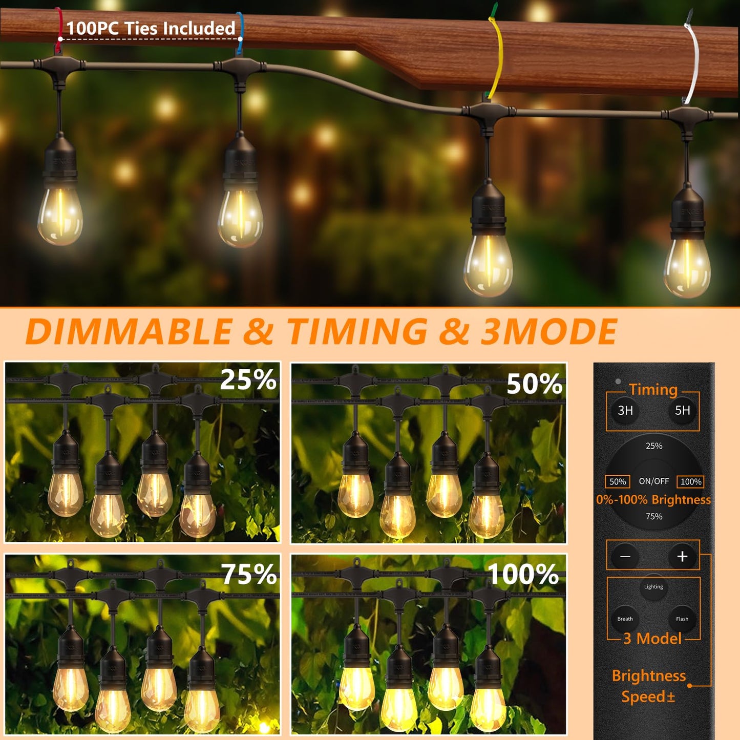 EIKOSON 100FT LED Outdoor String Lights with 60+4 Waterproof Bulbs(1.5FT Bulbs Spacing), Remote & Dimmer, Commercial Grade Patio Lights with 3 Mode Light & Timing, 100PC Ties