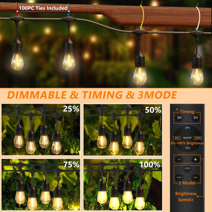 EIKOSON 100FT LED Outdoor String Lights with 60+4 Waterproof Bulbs(1.5FT Bulbs Spacing), Remote & Dimmer, Commercial Grade Patio Lights with 3 Mode Light & Timing, 100PC Ties