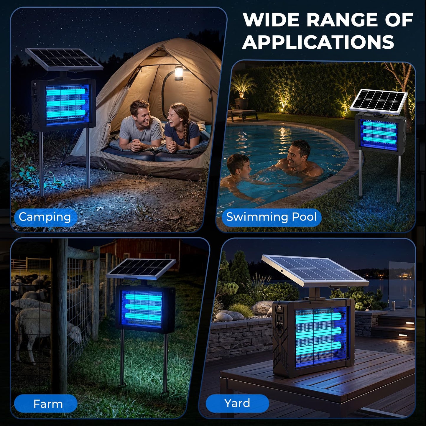 Solar Bug Zapper Outdoor, Portable Rechargeable Mosquito Zap with 3 Lamps, 4500V Electric Insect Zapper, 5400mAh Battery, 10FT Solar Cord, IPX5 Waterproof Fly Zapper for Patio Backyard Garden Camping