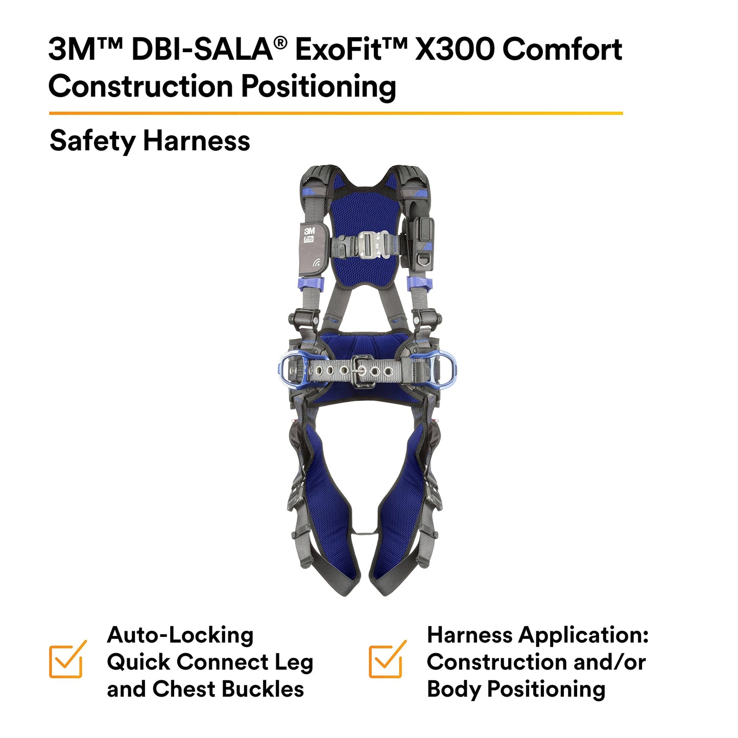 3M DBI-SALA ExoFit X300 Comfort Construction Positioning Safety Harness, Construction Fall Protection, Aluminum Back and Hip D-Rings, Auto-Locking Quick Connect Leg and Chest Buckles, 1113133, 2X