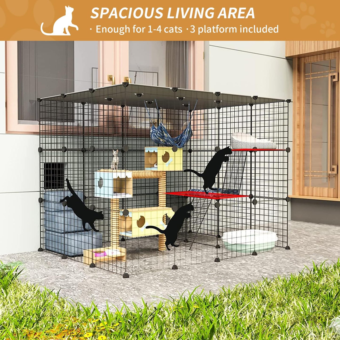 Oneluck 41 Inch Catio Outdoor Cat Enclosure with Super Large Enter Door, Balcony Cat Playpen with Platforms,DIY Outside Cat Patio Large Exercise Place Ideal for 1-3 Cats