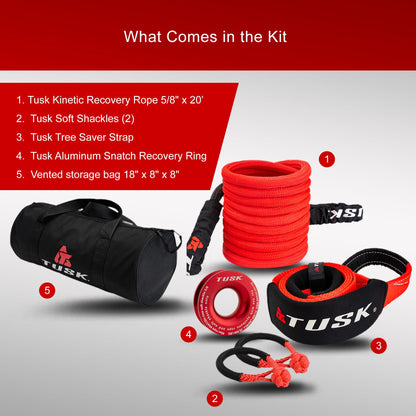 Tusk Heavy Duty UTV/ATV Kinetic Recovery Kit with Kinetic Rope (5/8” x 20’) Tree Strap (3' X 8') Aluminum Snatch Recovery Ring and Two Shackles (Stage 3, Synthetic)