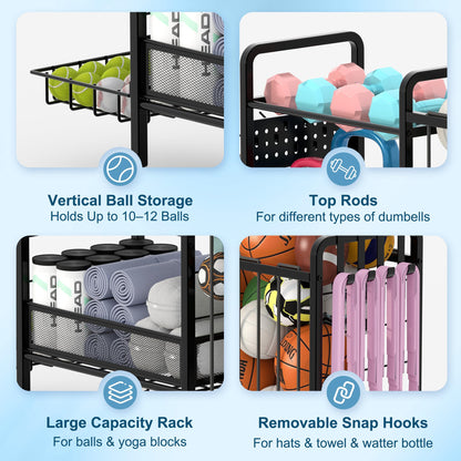 DUDUXI Sports Equipment Garage Organizer,Garage Ball Storage Rack for Sports with Wheels-Upgraded 3 Layers Organizer Rack Outdoor Basketball Racks for Balls with Holder and Hooks (Deep Black)