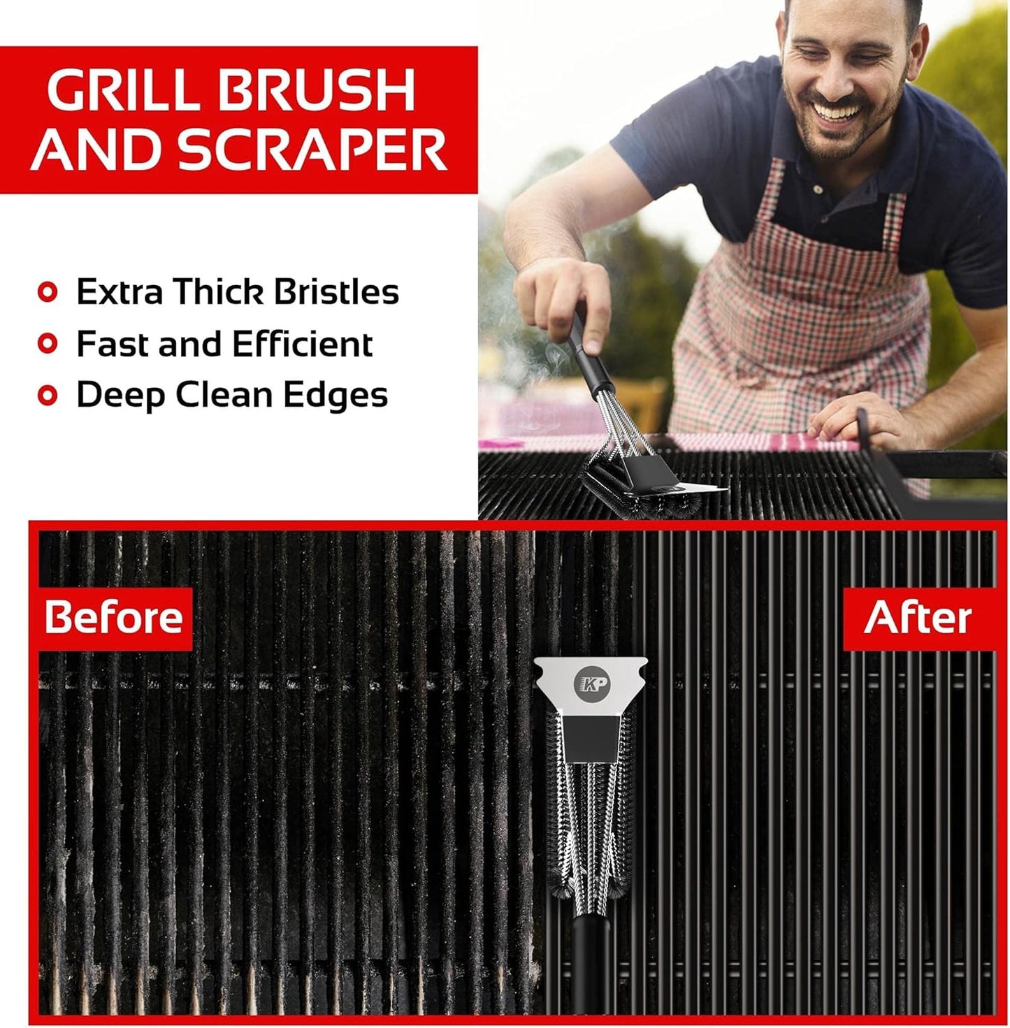 KITCHEN PERFECTION Grill Brush - Safe Wire BBQ Cleaner with Scraper & Mat | Extended Handle for Easy Cleaning