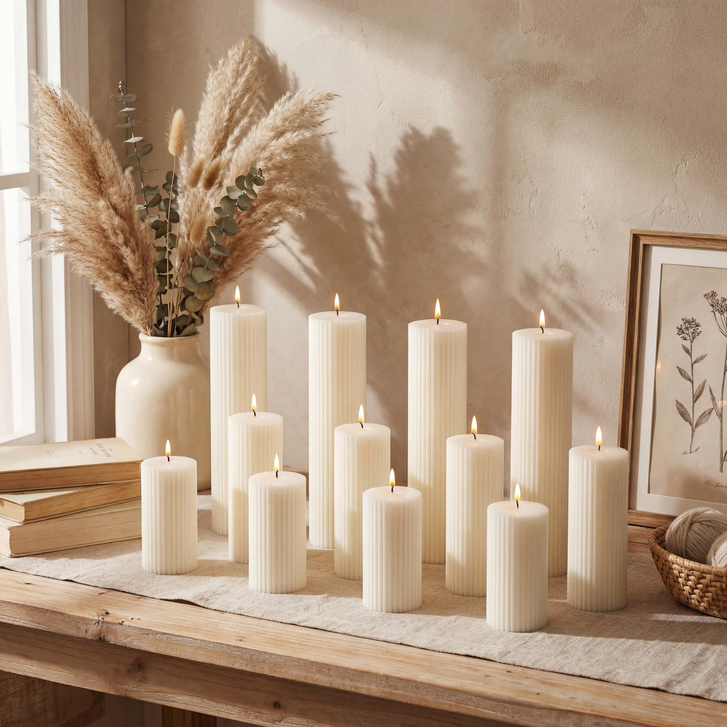 Set of 12 Ribbed Pillar Candles Soy Wax Home Decor Modern White Candles with Cotton Wick for Wedding Home Restaurants Spa Church Decoration