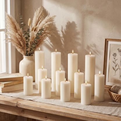 Set of 12 Ribbed Pillar Candles Soy Wax Home Decor Modern White Candles with Cotton Wick for Wedding Home Restaurants Spa Church Decoration