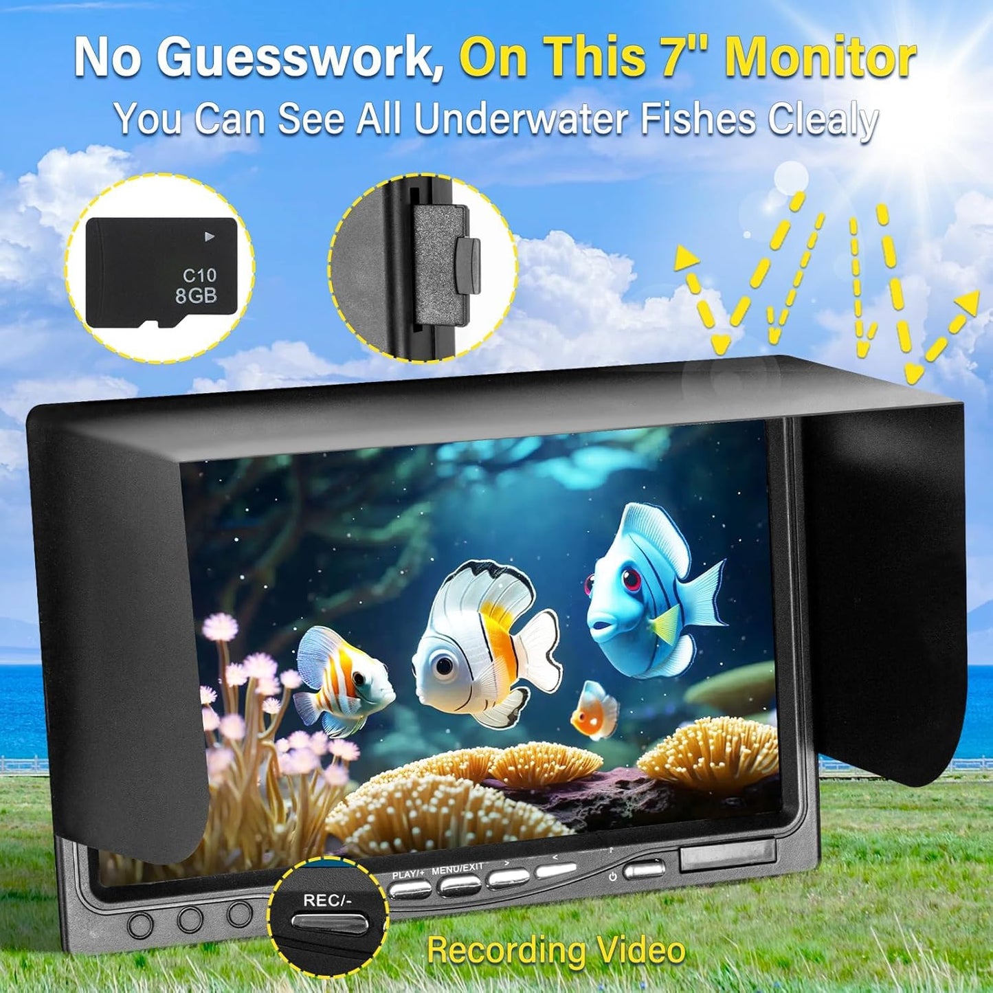 WOSHIJIE Underwater Fish Finder Camera, 7 Inch HD LCD 1080p Display, 1200TVL IP68 Waterproof with 36 Infrared White Dual Lights, Portable DVR for Boat Lake Ice Fishing