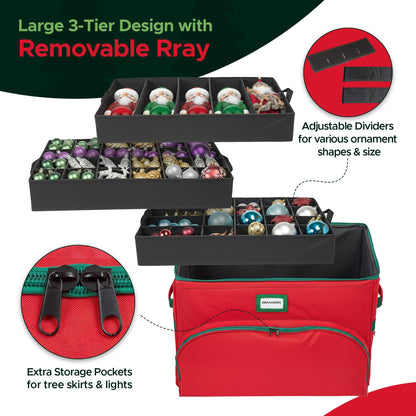 Christmas Nutcracker and Figurine Collectible Storage Box - Holds Up to 72 Ornaments 4” x 4” - Top Adjustable Compartments for Figurines, Nutcrackers, etc - Heavy Duty 600D/ Inside PVC Material