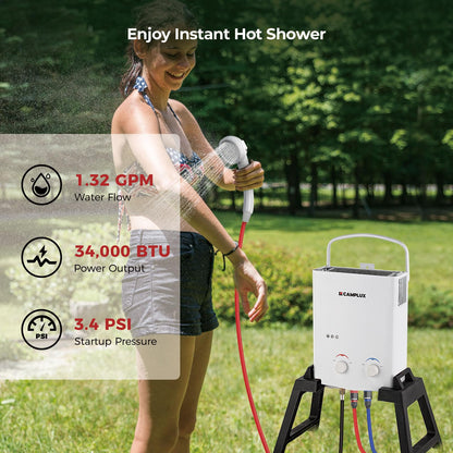 CAMPLUX Outdoor Portable Propane Caming Water Heater 1.32 GPM with Pump Pack Kits, Freestanding Stand & Carry Bag, AY132Max, White